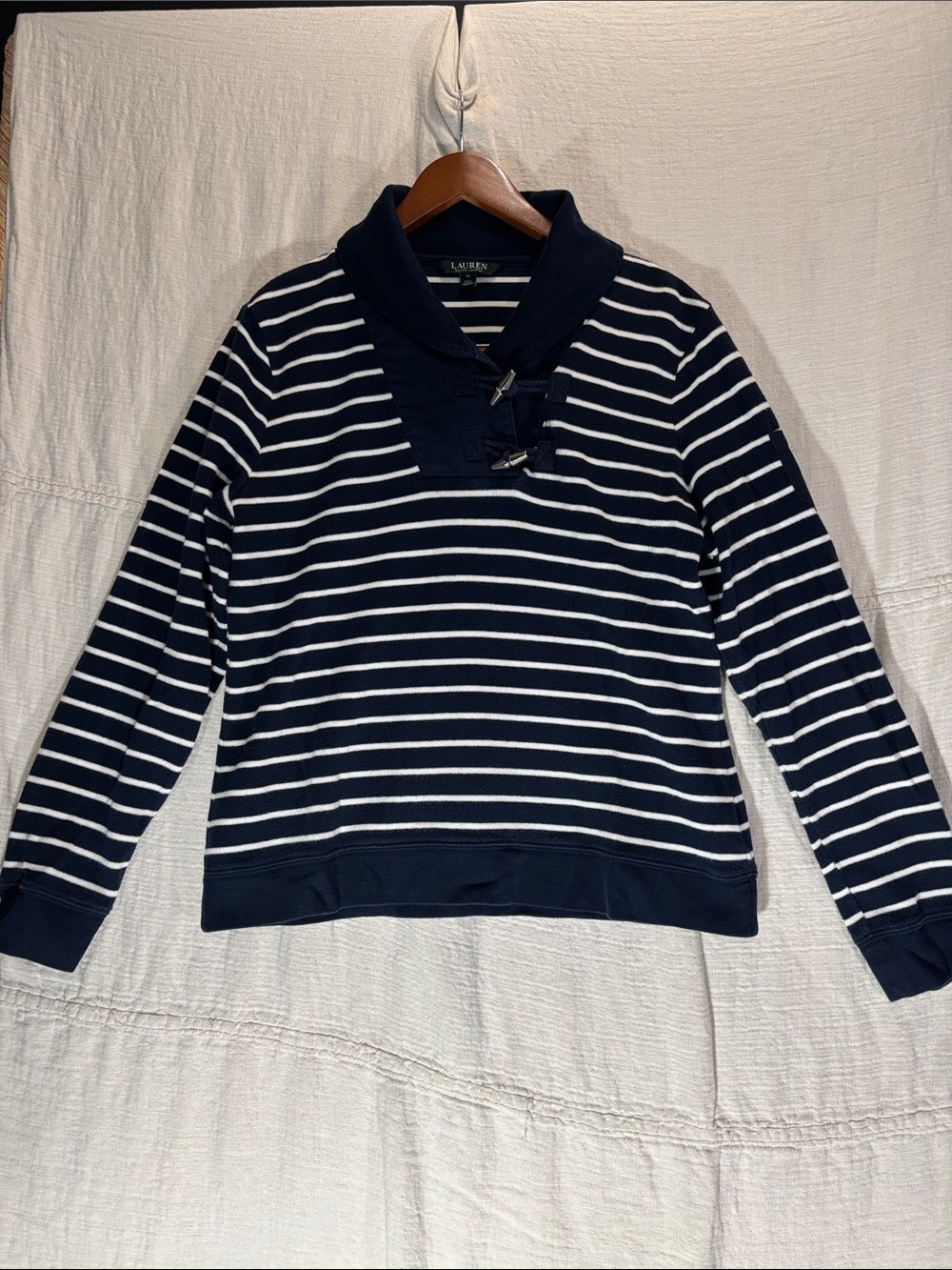 Lauren Ralph Lauren Striped Toggle Collar Knit Sweater Navy White XL 100%Cotton - Picture 1 of 8